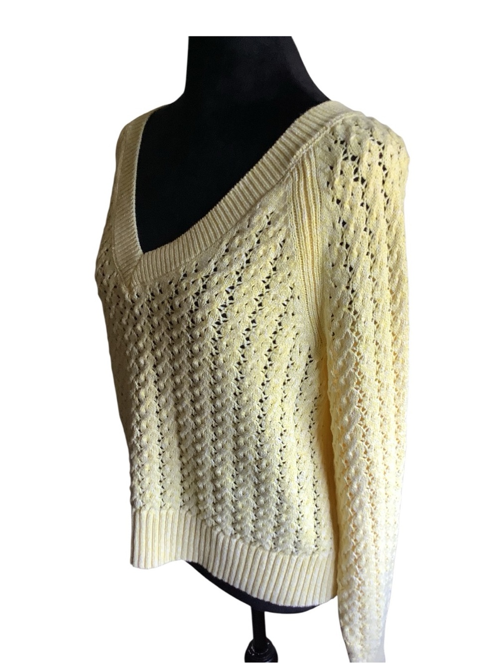 Tibolts Open Knit Sweater Women’s Medium Yellow 100% Cotton V-Neck - Picture 4 of 7